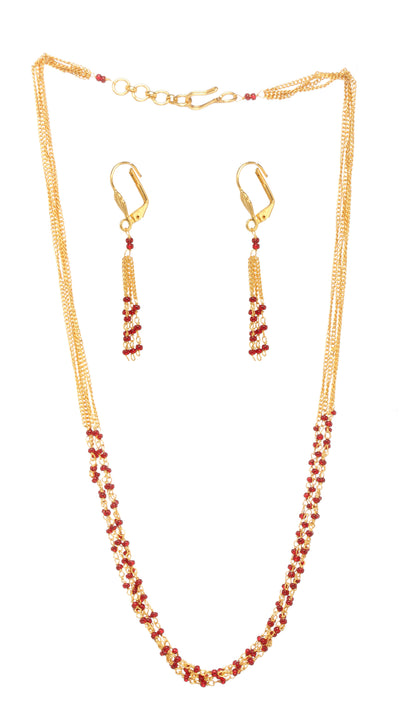 Front view bandhani gold plated fish hook lock top multi layer chain red beads earrings