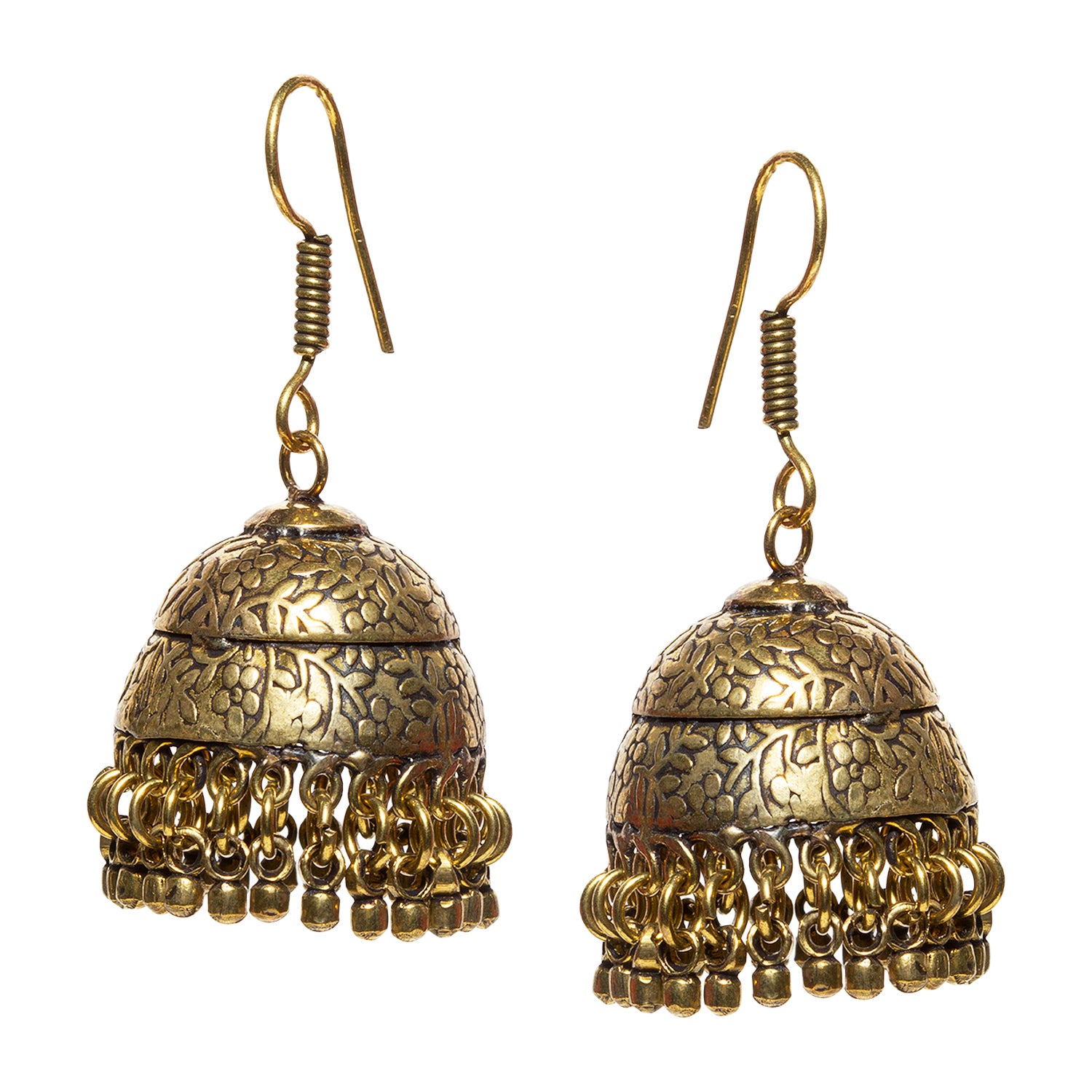 bindhani antique gold plated jhumka earrings secured with fish hook wire for women and girls