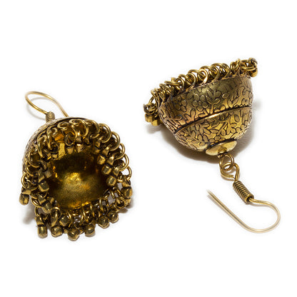 bindhani antique gold plated jhumka earrings secured with fish hook wire for women and girls