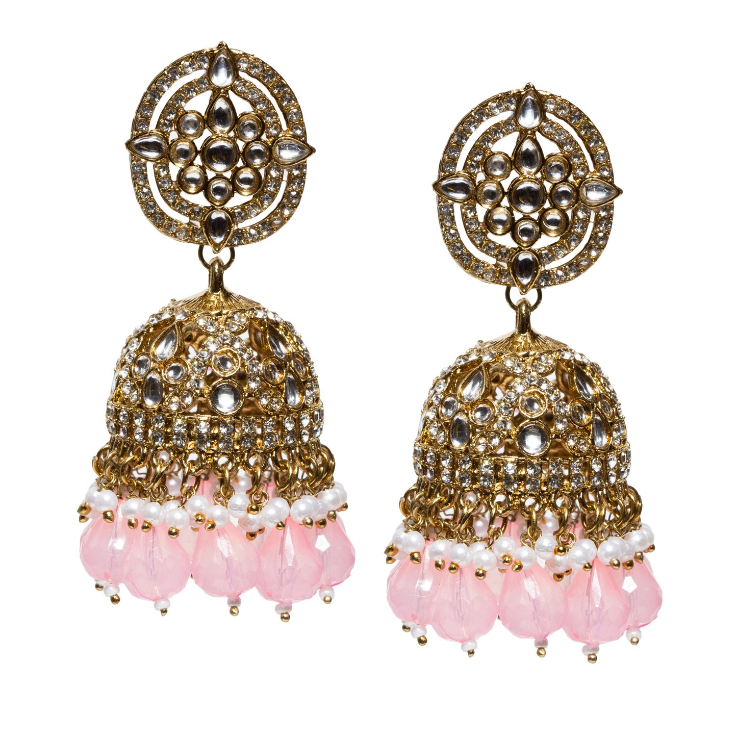 bindhani-antique-mehandi-gold-plated-kundan-white-beads-stone-crystal-pearl-drop-baby-pink-jhumka-earring-women