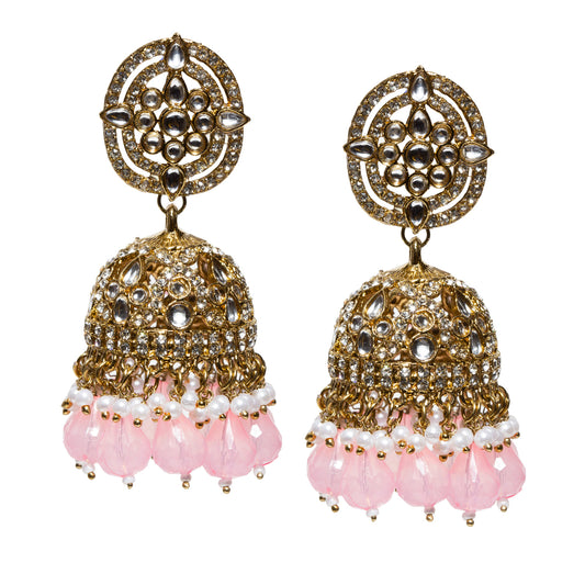 bindhani-antique-mehandi-gold-plated-kundan-white-beads-stone-crystal-pearl-drop-baby-pink-jhumka-earring-women