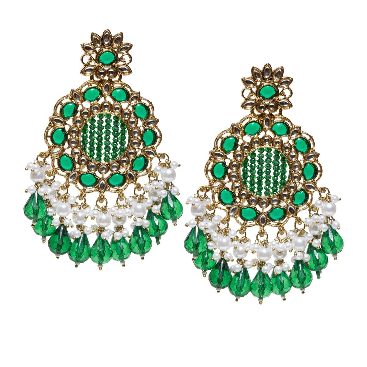 Bindhani antique mehandi gold-plated kundan white beads stone crystal pearl drop green earrings featuring a floral stud, round kundan mirror-inspired centerpiece with green stone accents, intricate kundan detailing, white pearl bead clusters, and faceted green crystal teardrop danglers in a traditional ethnic design.