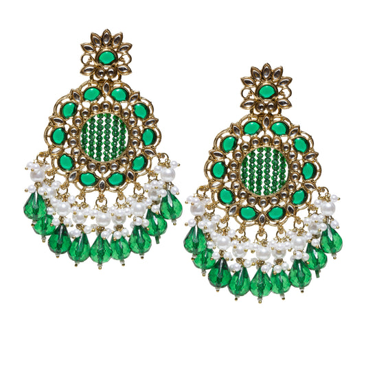 Bindhani antique mehandi gold-plated kundan white beads stone crystal pearl drop green earrings featuring a floral stud, round kundan mirror-inspired centerpiece with green stone accents, intricate kundan detailing, white pearl bead clusters, and faceted green crystal teardrop danglers in a traditional ethnic design.