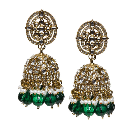 bindhani-antique-mehandi-Gold-tone traditional jhumka earrings with oval stud tops featuring clear stone embellishments, ornate dome-shaped danglers with intricate crystal detailing, white pearl accents, and bright green faceted bead drops.
