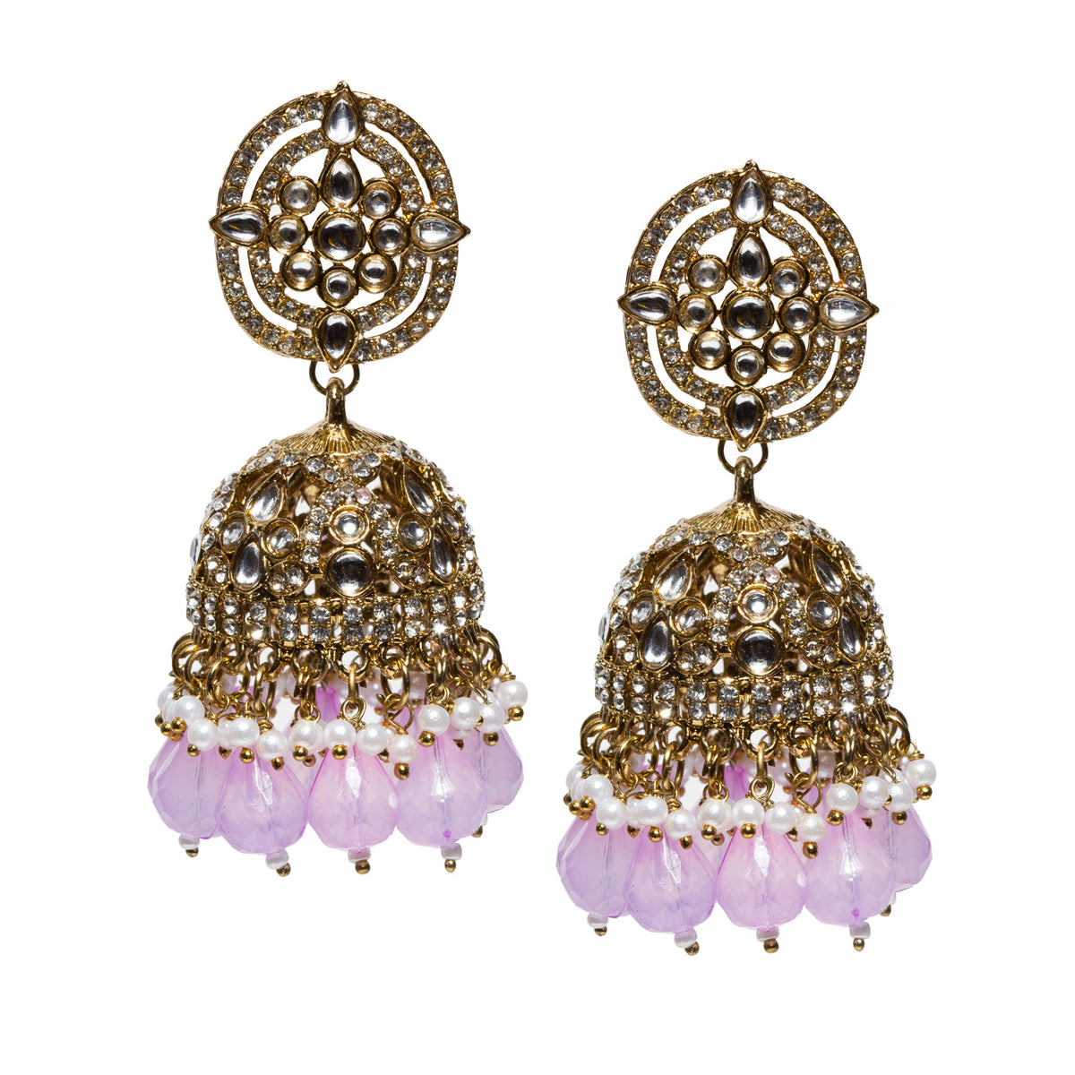 bindhani-antique-mehandi-Gold-tone traditional jhumka earrings with oval stud tops featuring clear stone embellishments, ornate dome-shaped danglers with intricate crystal detailing, white pearl accents, and bright light purple faceted bead drops.