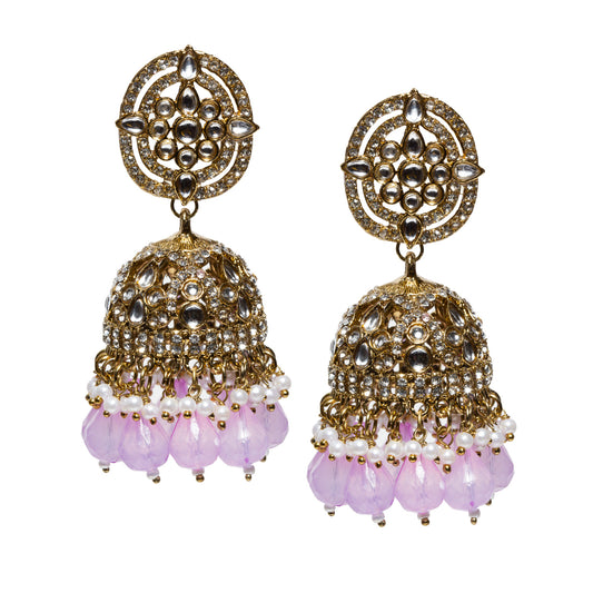 bindhani-antique-mehandi-Gold-tone traditional jhumka earrings with oval stud tops featuring clear stone embellishments, ornate dome-shaped danglers with intricate crystal detailing, white pearl accents, and bright light purple faceted bead drops.