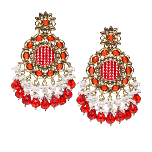 Bindhani Antique Mehandi Gold-Plated Kundan White Beads Stone Crystal Pearl Drop Red Earrings featuring a floral stud, round kundan mirror-inspired centerpiece with red stone accents, intricate Kundan detailing, white pearl bead clusters, and faceted red crystal teardrop danglers in a traditional ethnic design.