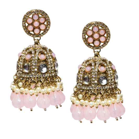 bindhani-antique-mehandi-toned-stone-pearls-color-drop-Baby-Pink-Big-Jhumki-women