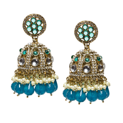 bindhani-antique-mehandi-toned-stone-pearls-color-drop-Blue-Big-Jhumki-women