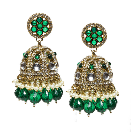 Bindhani antique mehandi gold-plated jhumka earrings featuring a round floral stud with emerald green stones surrounded by shimmering crystals. The dome-shaped jhumka is embellished with white Kundan stones, green stone accents, and sparkling crystals, finished with pearl tassels and faceted emerald green bead drops. Traditional statement earrings displayed as a pair on a white background.