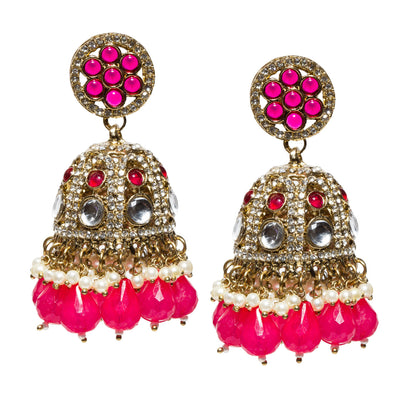 bindhani-antique-mehandi-toned-stone-pearls-color-drop-Rani-Pink-Big-Jhumki-women