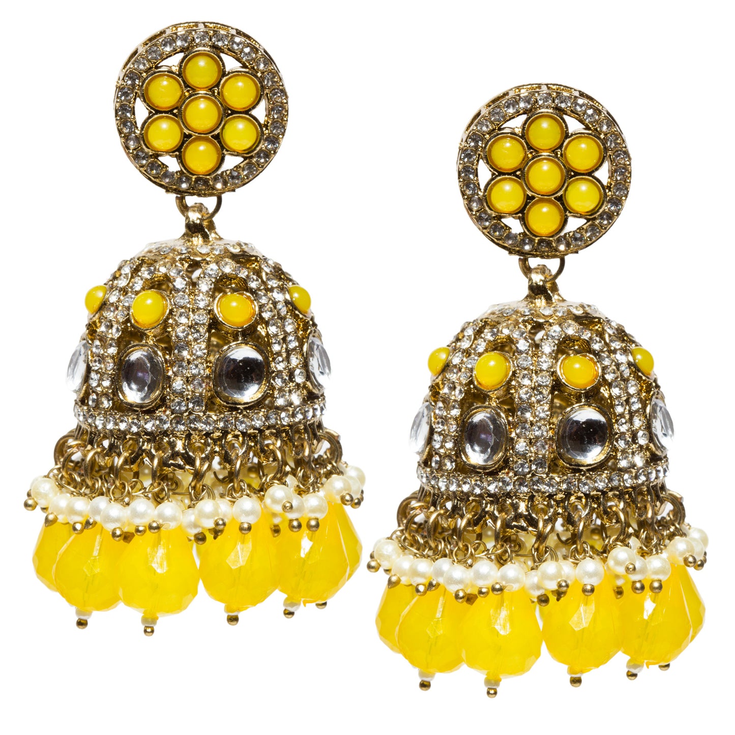 bindhani-antique-mehandi-toned-stone-pearls-color-drop-Yellow-Big-Jhumki-women