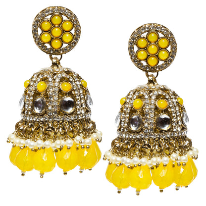 bindhani-antique-mehandi-toned-stone-pearls-color-drop-Yellow-Big-Jhumki-women