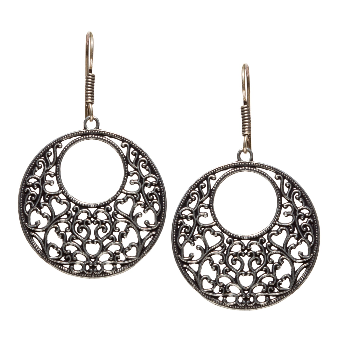 bindhani black silver tone crescent shape filigree dangle oxidised earrings secured with fish hook earwire for women and girls