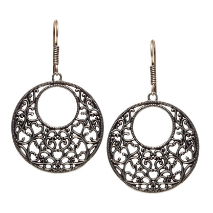 bindhani black silver tone crescent shape filigree dangle oxidised earrings secured with fish hook earwire for women and girls