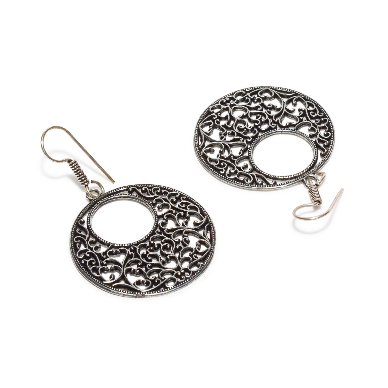 bindhani black silver tone crescent shape filigree dangle oxidised earrings secured with fish hook earwire for women and girls