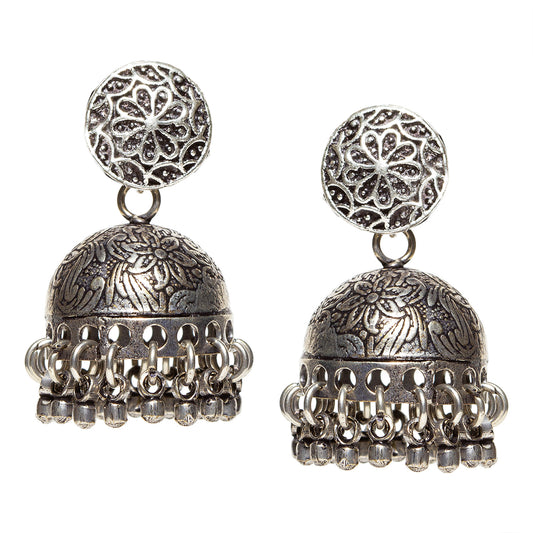 bindhani black silver toned mandala oxidised jhumki earrings for women and girls