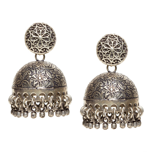 bindhani black silver toned mandala oxidised jhumki earrings secured with post back closure for women and girls