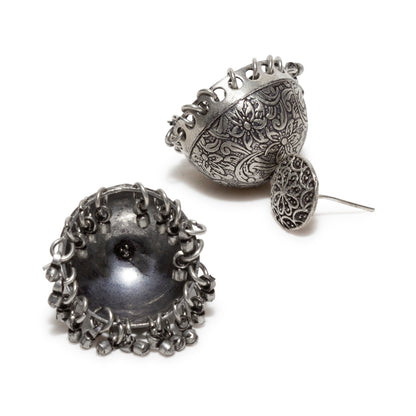 bindhani black silver toned mandala oxidised jhumki earrings secured with post back closure for women and girls
