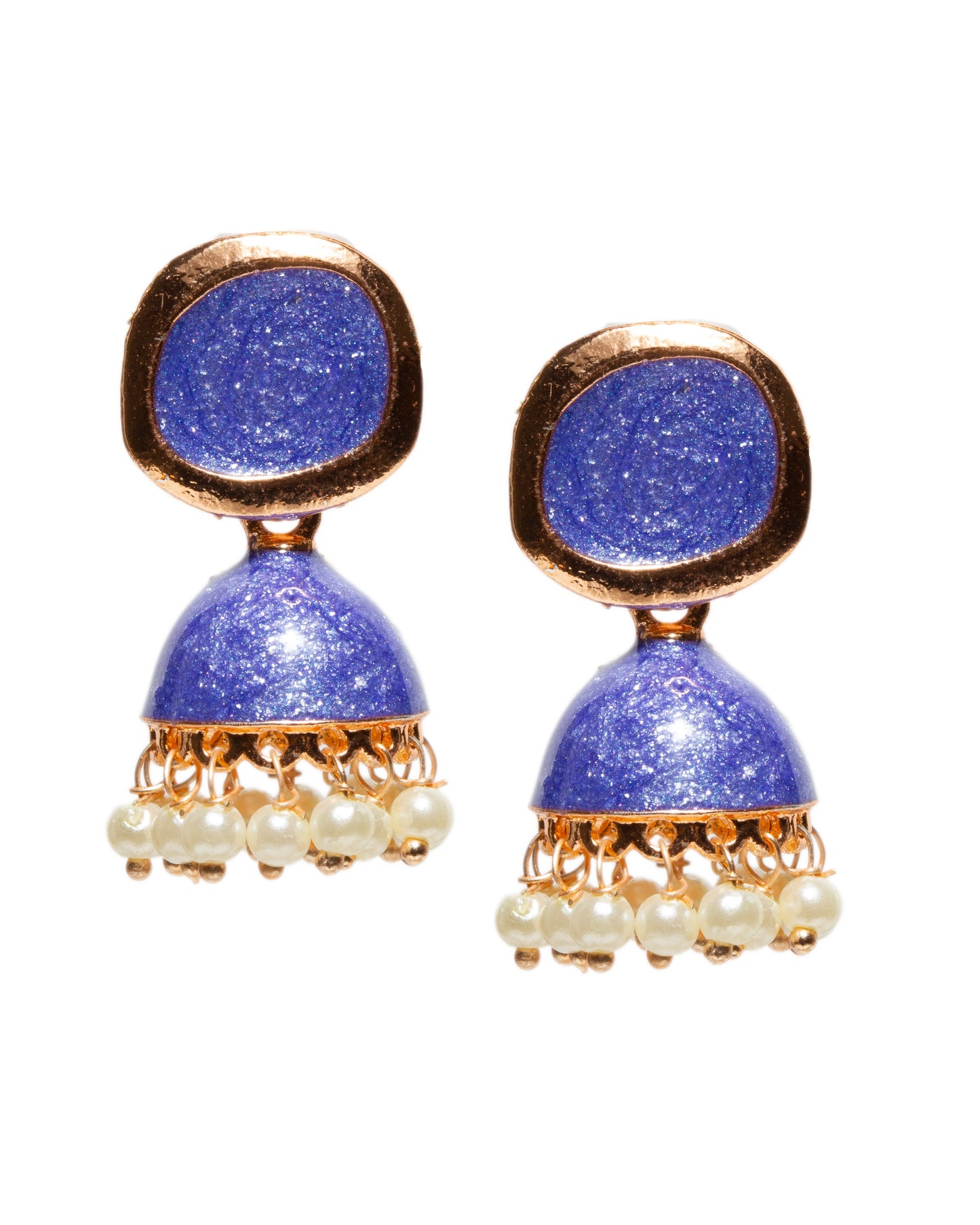 Bindhani gold-plated blue enamel work meenakari jhumka earrings with square stud tops, dome-shaped drop design, and dangling white pearl beads in traditional ethnic style.