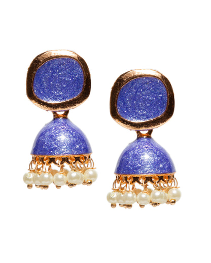 Bindhani gold-plated blue enamel work meenakari jhumka earrings with square stud tops, dome-shaped drop design, and dangling white pearl beads in traditional ethnic style.