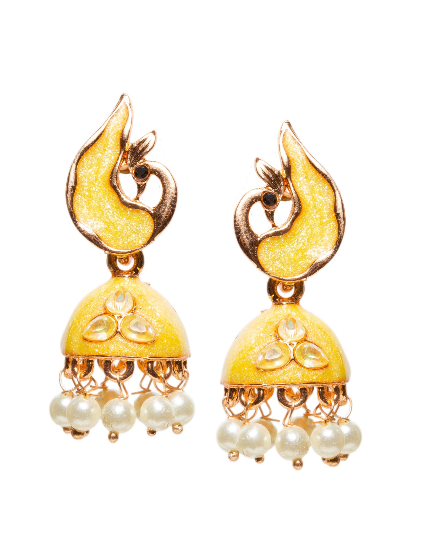 A pair of elegant rose gold-tone jhumka earrings featuring a modern peacock-inspired design with yellow meenakari enamel work. The earrings showcase peacock-shaped stud tops, dome-shaped drops with embossed triple stone and dangling white pearl beads for a graceful traditional look.