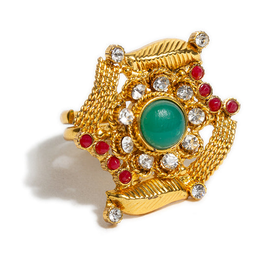 bindhani copper gold plated green red  white stone adjustable finger ring for women and girls