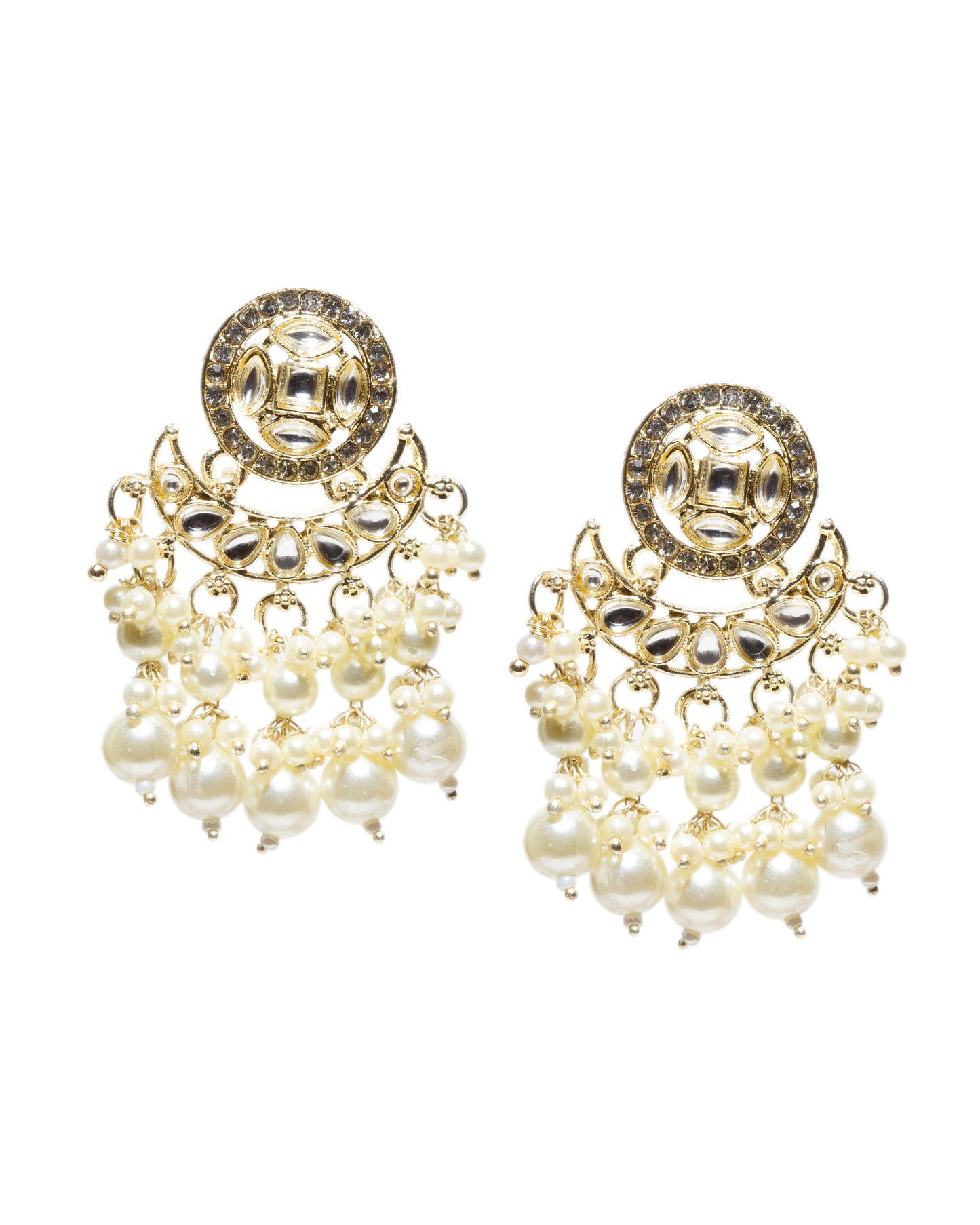 white background front view bindhani gold plated small earrings kundna stone white pearl drop chandbali earrings. Elegant traditional ethnic earrings ideal for festive, casual, and wedding wear. 