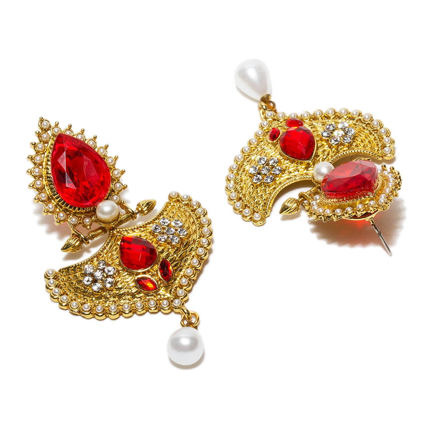 bindhani gold plated  red white stone pearl drop earrings for women