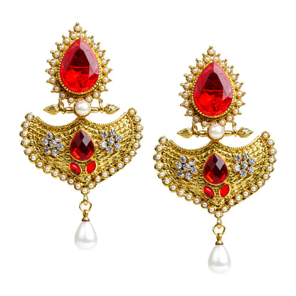 bindhani gold plated  red white stone pearl drop earrings for women