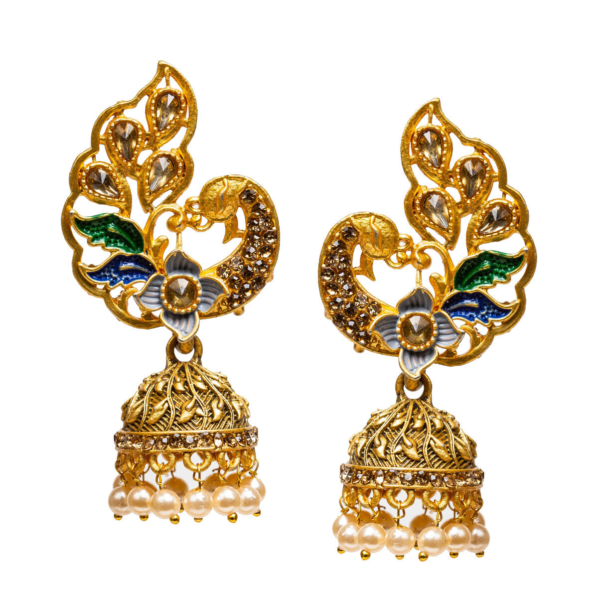 bindhani gold plated Indian peacock grey color meenakari bollywood jhumka earring for women girls