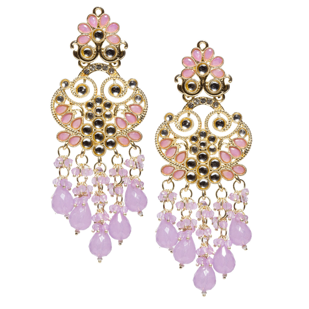 Bindhani gold-plated long dangler earrings featuring purple drop beads, purple floral accents, sparkling Kundan stones, intricate filigree detailing, and cascading bead charms for a vibrant traditional ethnic look.