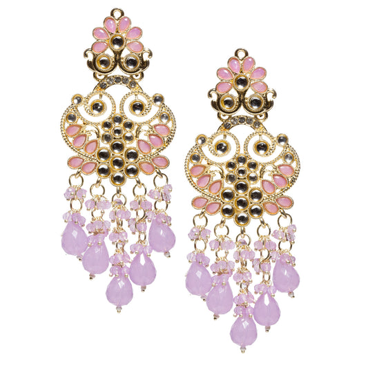Bindhani gold-plated long dangler earrings featuring purple drop beads, purple floral accents, sparkling Kundan stones, intricate filigree detailing, and cascading bead charms for a vibrant traditional ethnic look.