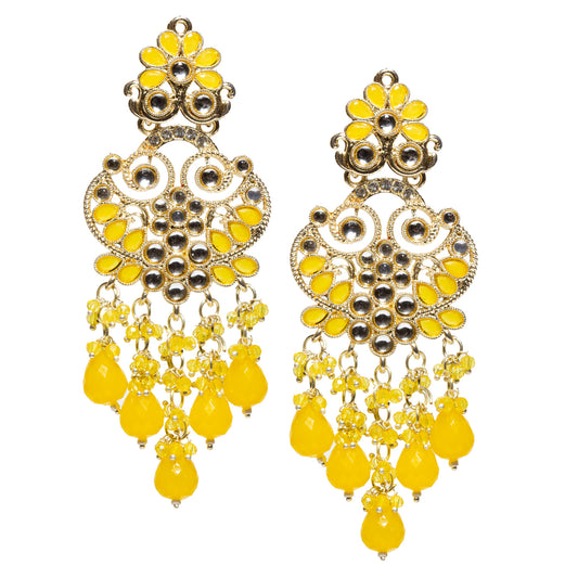 Bindhani gold-plated long dangler earrings featuring yellow drop beads, yellow floral accents, sparkling Kundan stones, intricate filigree detailing, and cascading bead charms for a vibrant traditional ethnic look.