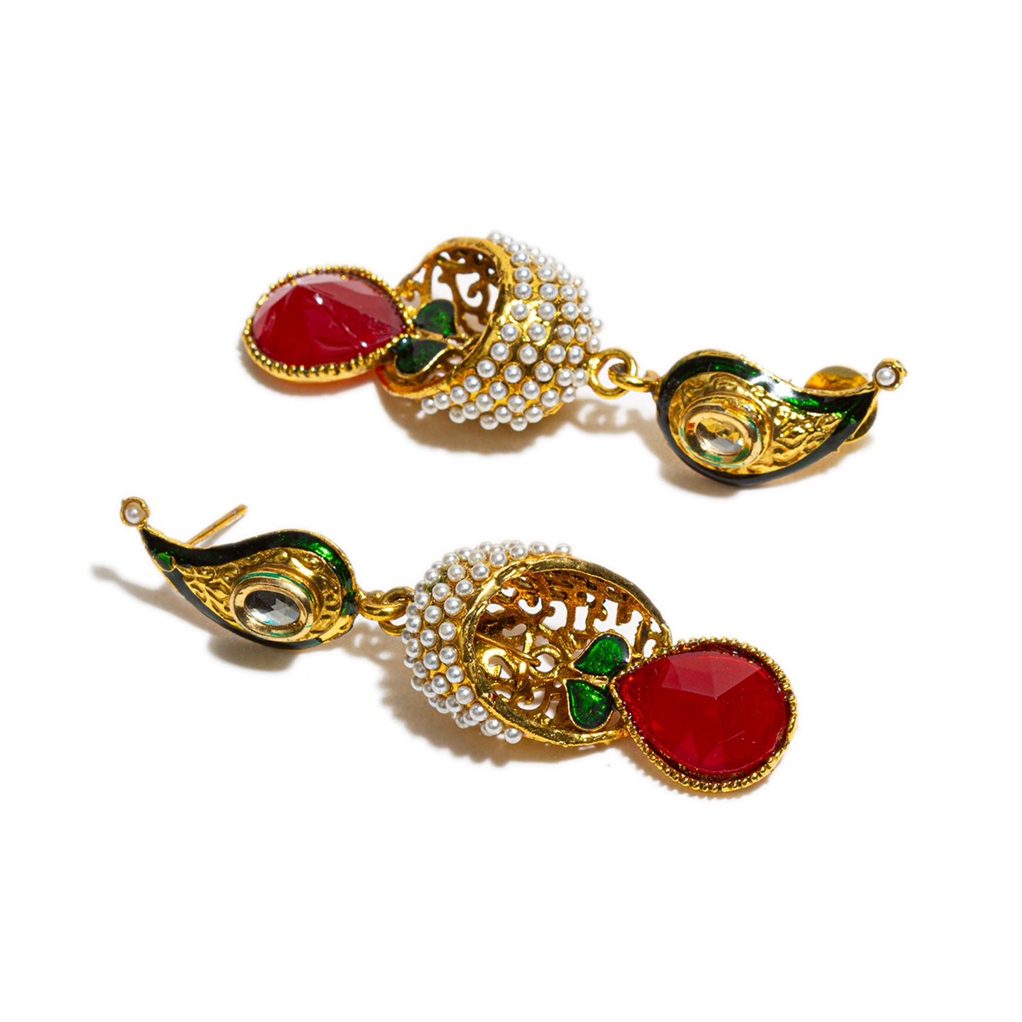 bindhani gold plated beads meenakari kundan red green stone earrings for women