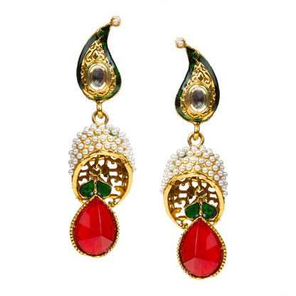 bindhani gold plated beads meenakari kundan red green stone earrings for women