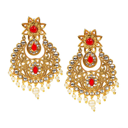 bindhani gold plated beads red white stone chandbali earrings for women and girls