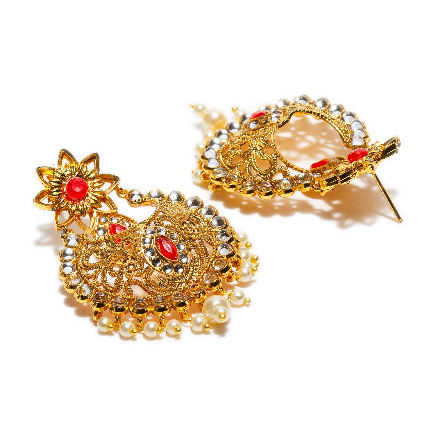 bindhani gold plated beads red white stone chandbali earrings for women and girls