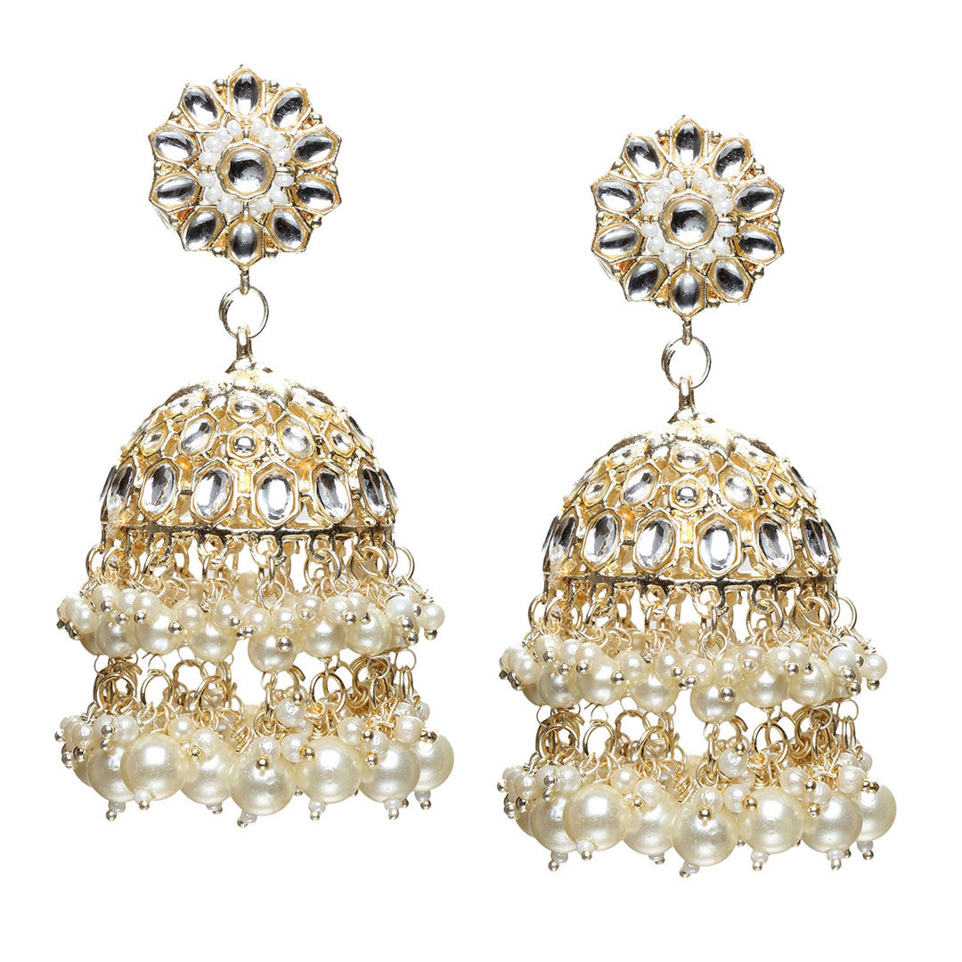 bindhani gold plated big pearl drop kundan stone jhumka earrings for women girls