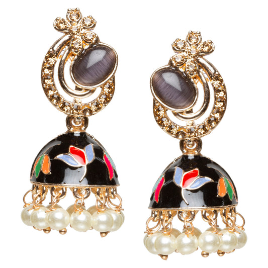bindhani gold plated black golden stone multi color pearl drop small meenakari jhumki earrings women teenage girls