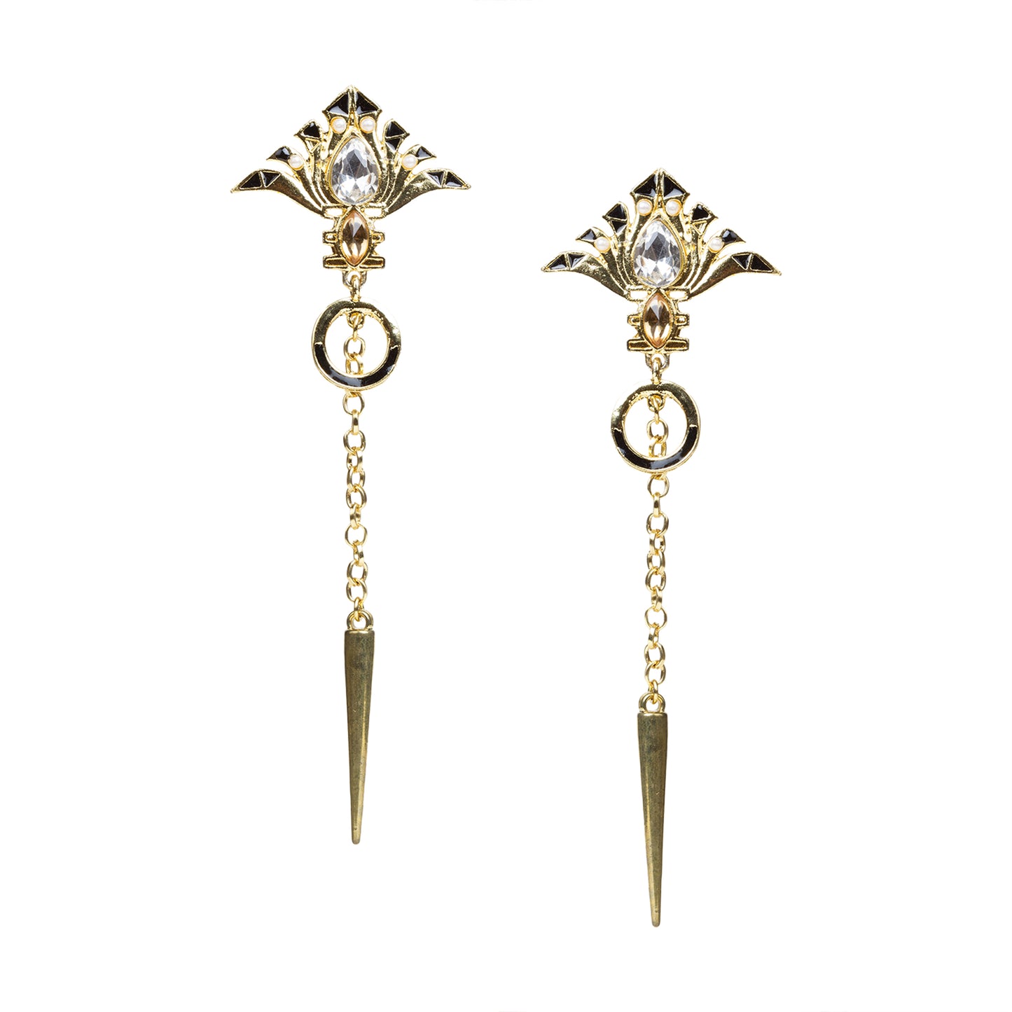 bindhani gold plated black meenakari work white stone dangle earrings for women