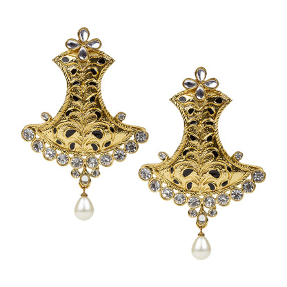 bindhani gold plated black meenakari work white stone pearl drop earrings women girls