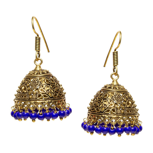 bindhani gold plated blue beaded jhumka earrings for women and girls