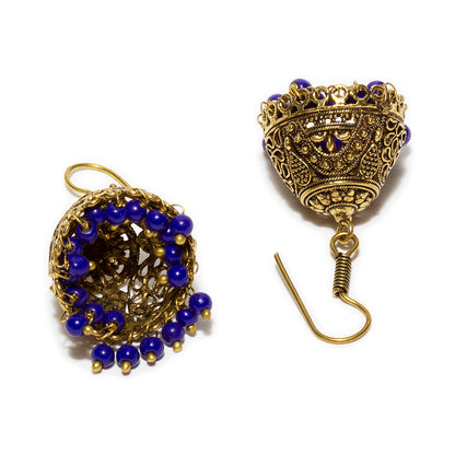 bindhani gold plated blue beaded jhumka earrings for women and girls