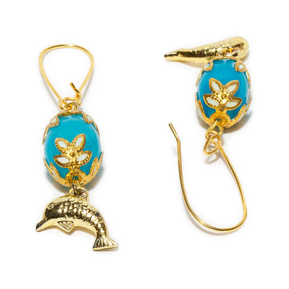 bindhani gold plated blue dolphin fish shaped  small fish hook earrings for women and girls