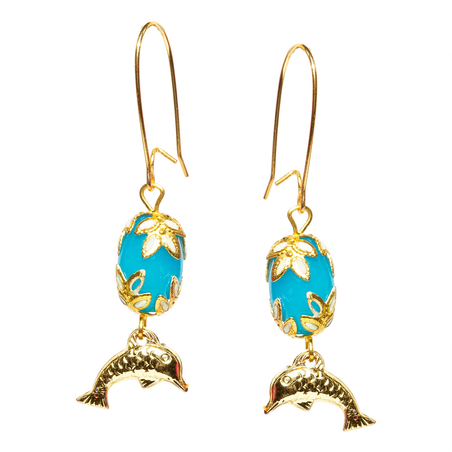 bindhani gold plated blue dolphin fish shaped  small fish hook earrings for women and girls