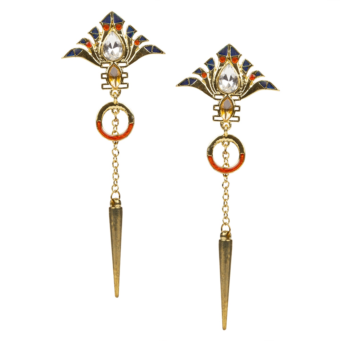 bindhani gold plated blue meenakari work white stone dangle earrings for women