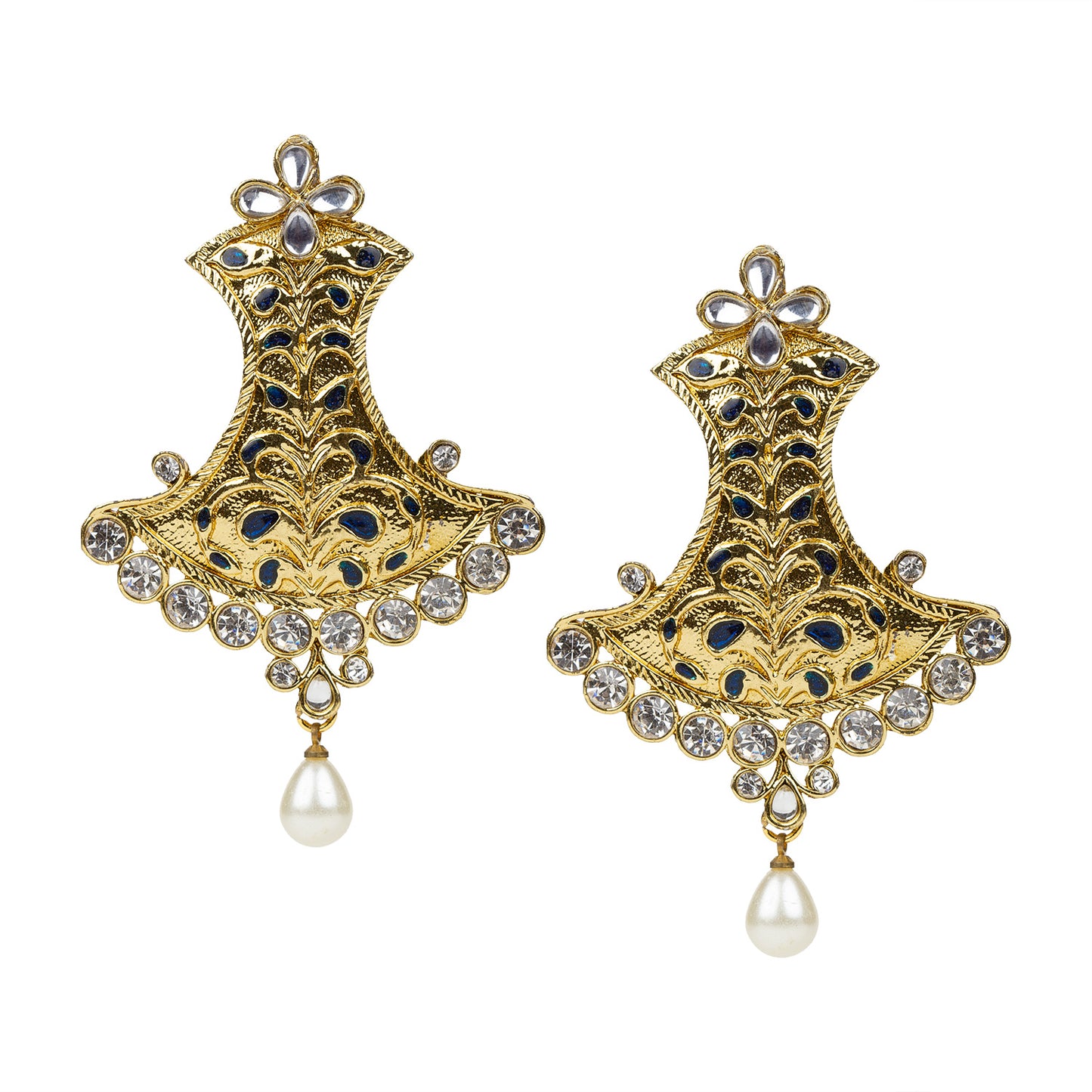 bindhani gold plated blue meenakari work white stone pearl drop earrings women girls