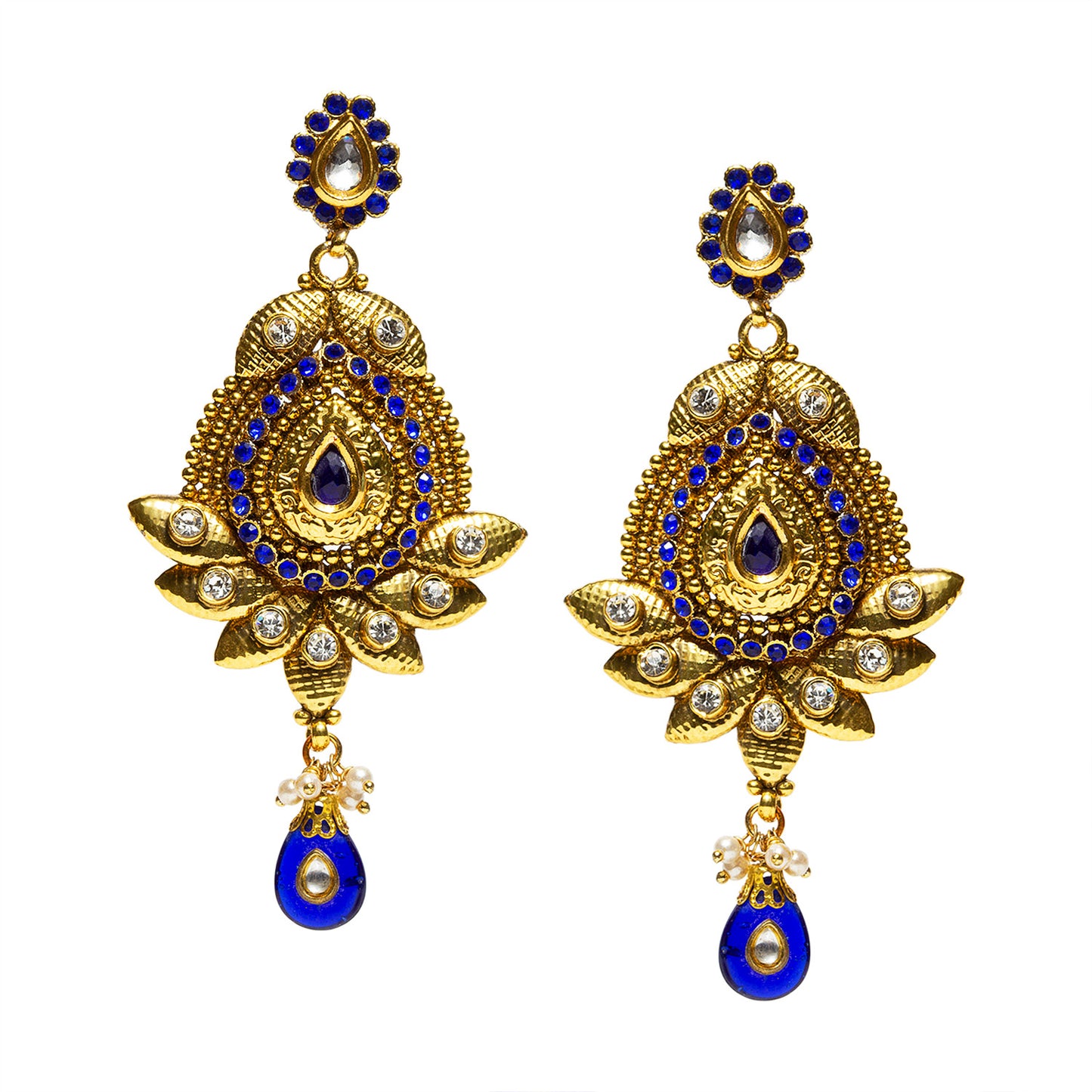 bindhani gold plated blue pearl drop white blue stone kundan long earrings for women and girls