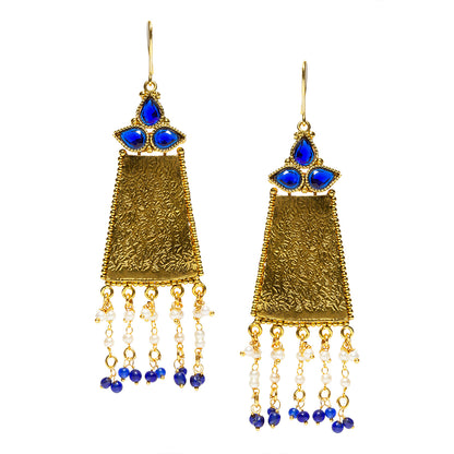 bindhani gold plated blue white pearl and blue stone fish hook earwire tassel earrings for women and girls